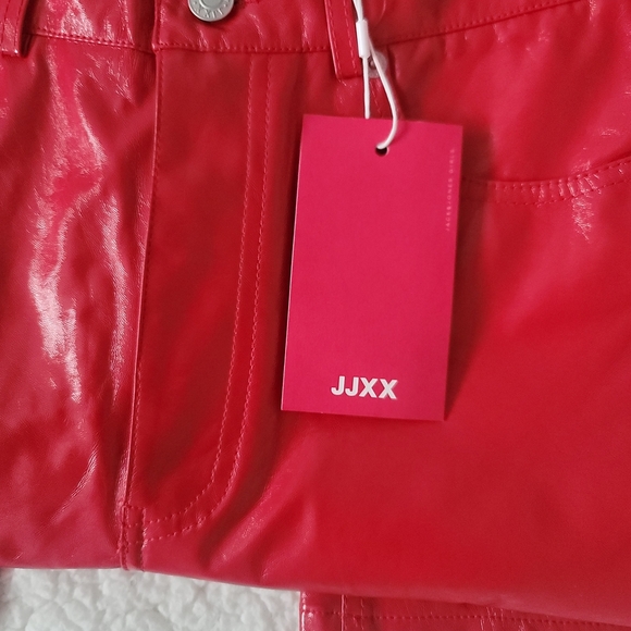 Glossy Red Straight Leg Faux Leather Pants - Picture 3 of 13